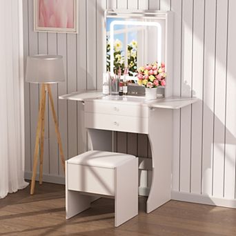 Trikiousd Compact Makeup Table and Stool Set, Small Vanity Set Desk with Foldable Side Tables