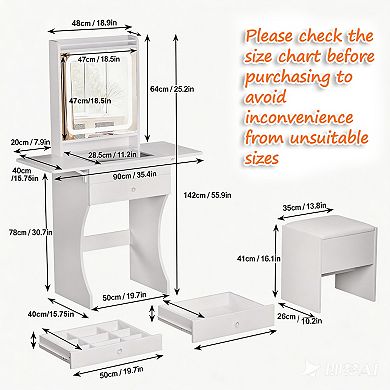 Trikiousd Compact Makeup Table and Stool Set, Small Vanity Set Desk with Foldable Side Tables