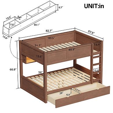 Trikiousd Full XL over Full XL Bunk Bed Built-In Storage Cabinets with Under-Bed 2 Drawers