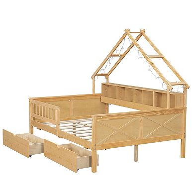 Trikiousd Full Size House Bed Kids Wood Bed LED Platform Beds with 2 Drawers &Storage Shelves