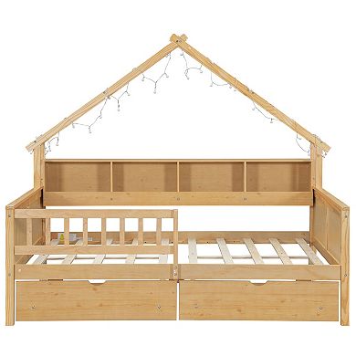 Trikiousd Full Size House Bed Kids Wood Bed LED Platform Beds with 2 Drawers &Storage Shelves