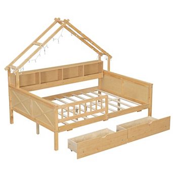 Trikiousd Full Size House Bed Kids Wood Bed LED Platform Beds with 2 Drawers &Storage Shelves