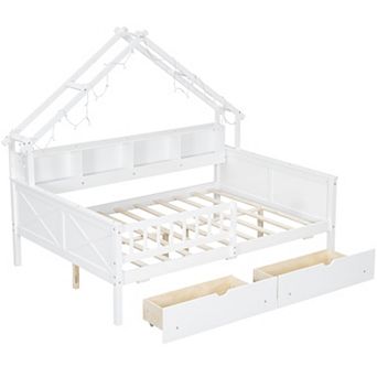 Trikiousd Full Size House Bed Kids Wood Bed LED Platform Beds with 2 Drawers &Storage Shelves