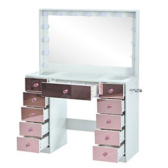 Trikiousd 2 pc Vanity Desk Set with Stool for Women Girls, 11 Drawers Dresser 15 Hollywood Bulbs