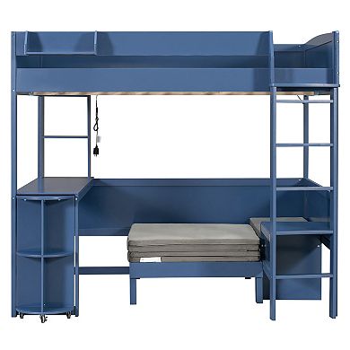 Trikiousd LED Full Size Wood Loft Bed with Desk, Bedside Storage Shelf & Convertible Sofa