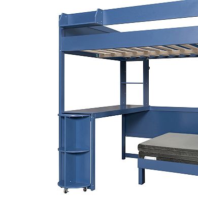 Trikiousd LED Full Size Wood Loft Bed with Desk, Bedside Storage Shelf & Convertible Sofa