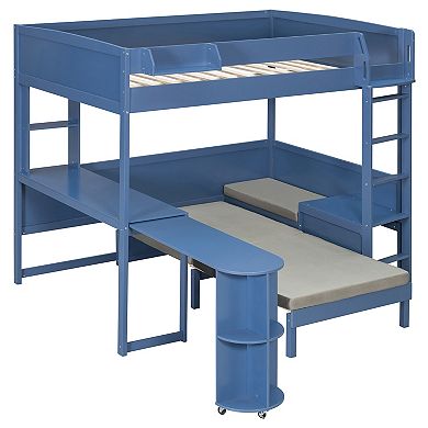 Trikiousd LED Full Size Wood Loft Bed with Desk, Bedside Storage Shelf & Convertible Sofa