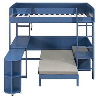 Trikiousd LED Full Size Wood Loft Bed with Desk, Bedside Storage Shelf & Convertible Sofa
