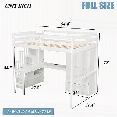 Trikiousd Full Size Solid Wood Loft Bed Storage Bed Frame w/ L-shaped Desk, Power, Wardrobe & Drawer