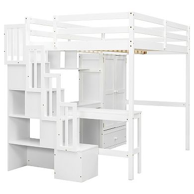 Trikiousd Full Size Solid Wood Loft Bed Storage Bed Frame w/ L-shaped Desk, Power, Wardrobe & Drawer