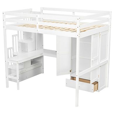 Trikiousd Full Size Solid Wood Loft Bed Storage Bed Frame w/ L-shaped Desk, Power, Wardrobe & Drawer