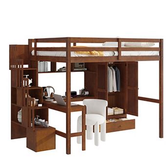 Trikiousd Full Size Solid Wood Loft Bed Storage Bed Frame w/ L-shaped Desk, Power, Wardrobe & Drawer