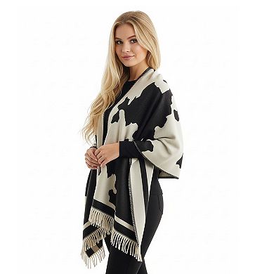 Mellow World Cow Print Wrap With Fringe Trim