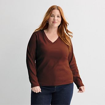 Plus Size Sonoma Goods For Life® Rib Long Sleeve V-Neck Tee