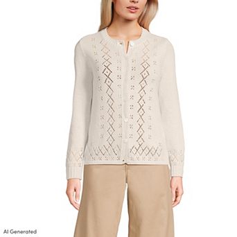 Petite Lands' End Pointelle Crewneck Cardigan Sweater