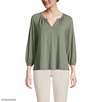 Petite Lands' End Lightweight Jersey Notch Neck Gather Blouse