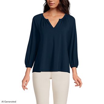 Women's Lands' End Lightweight Jersey Notch Neck Gather Blouse