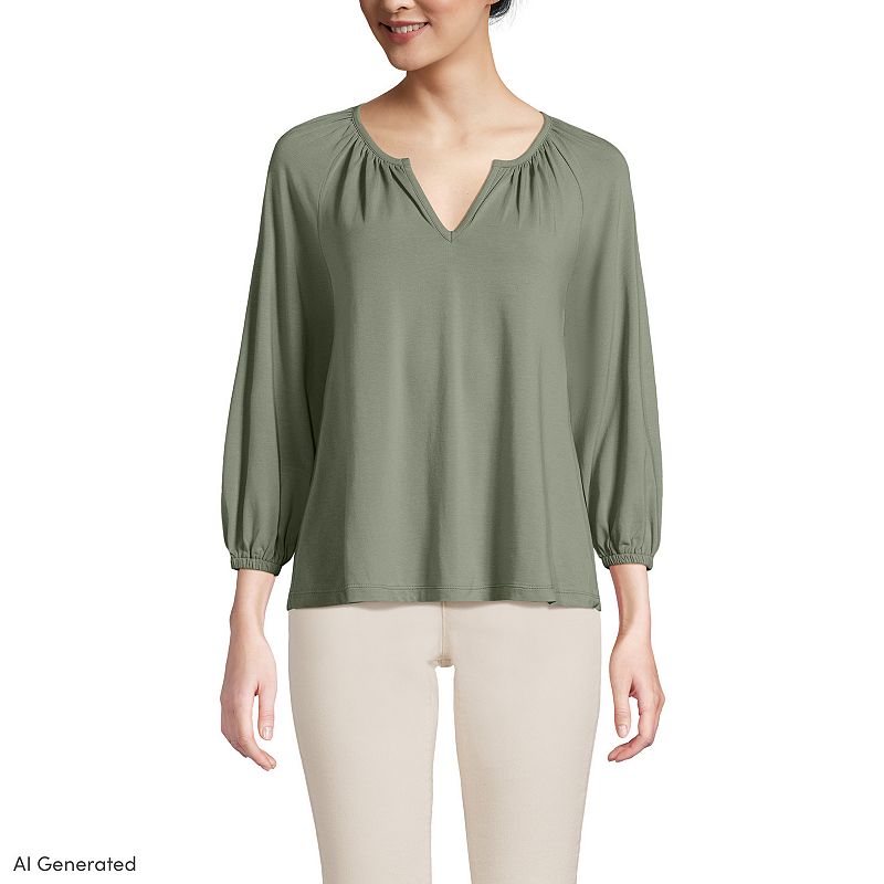 Women's Lands' End Lightweight Jersey Notch Neck Gather Blouse,