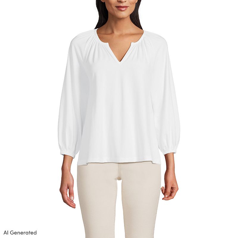 Women's Lands' End Lightweight Jersey Notch Neck Gather Blouse,