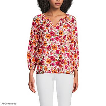Women's Lands' End Lightweight Jersey Notch Neck Gather Blouse