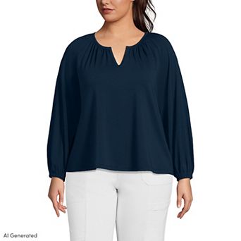 Plus Size Lands' End Lightweight Jersey Notch Neck Gather Blouse