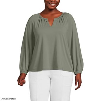 Plus Size Lands' End Lightweight Jersey Notch Neck Gather Blouse