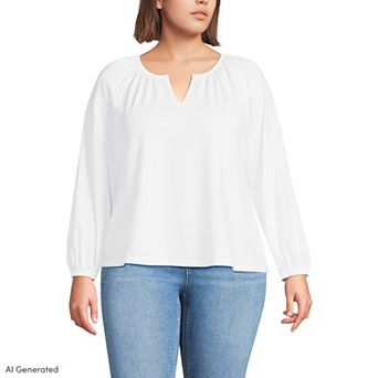 Plus Size Lands' End Lightweight Jersey Notch Neck Gather Blouse