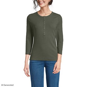 Women's Lands' End Three-Quarter Sleeve Polished Rib Henley Top