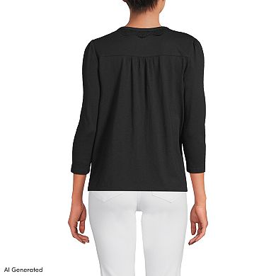 Women's Lands' End Three-Quarter Sleeve Slub V-Neck Lace Trim Top