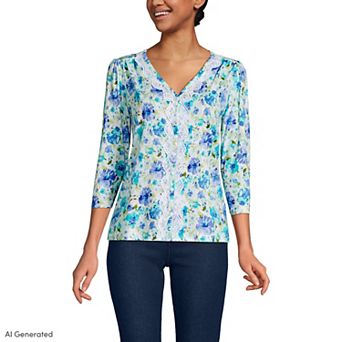 Women's Lands' End Three-Quarter Sleeve Slub V-Neck Lace Trim Top