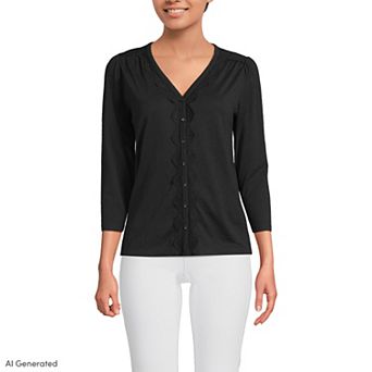 Women's Lands' End Three-Quarter Sleeve Slub V-Neck Lace Trim Top