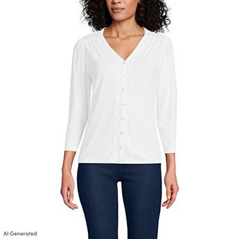 Women's Lands' End Three-Quarter Sleeve Slub V-Neck Lace Trim Top