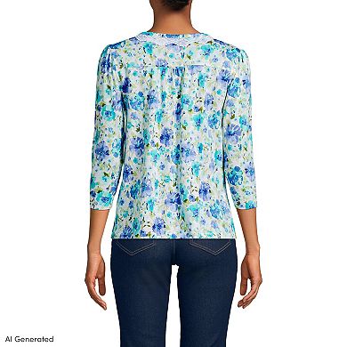 Petite Lands' End 3/4 Sleeve Slub V-Neck Lace Trim Top