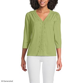 Petite Lands' End 3/4 Sleeve Slub V-Neck Lace Trim Top