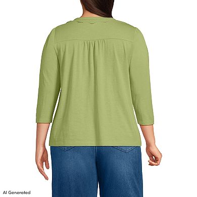 Plus Size Lands' End Three-Quarter Sleeve Slub V-Neck Lace Trim Top