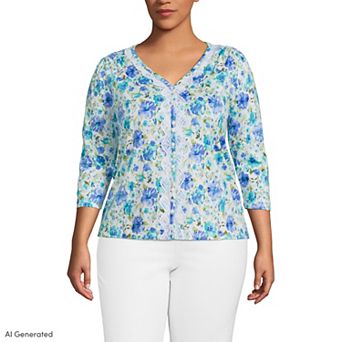 Plus Size Lands' End Three-Quarter Sleeve Slub V-Neck Lace Trim Top