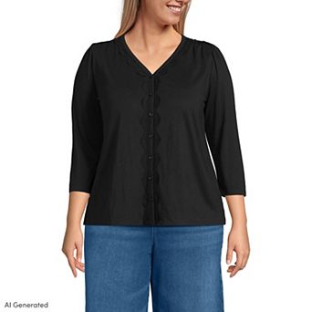 Plus Size Lands' End Three-Quarter Sleeve Slub V-Neck Lace Trim Top