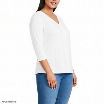 Plus Size Lands' End Three-Quarter Sleeve Slub V-Neck Lace Trim Top
