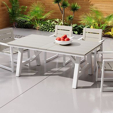 72" HDPE Rectangle Outdoor Patio Dining Table With Umbrella Hole and Metal Frame