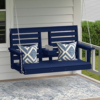 Outdoor HDPE 54" Front Hanging Porch Swing Bench With Cupholders