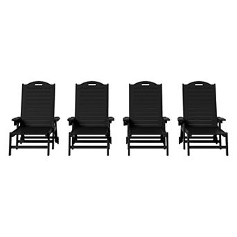 Outdoor HDPE Patio Chaise Lounges With Wheels & Cup Holder (Set of 4)