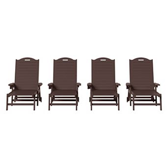 Outdoor HDPE Patio Chaise Lounges With Wheels & Cup Holder (Set of 4)