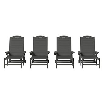 Outdoor HDPE Patio Chaise Lounges With Wheels & Cup Holder (Set of 4)