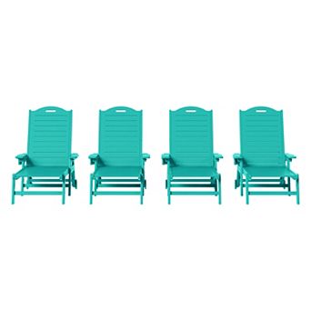 Outdoor HDPE Patio Chaise Lounges With Wheels & Cup Holder (Set of 4)