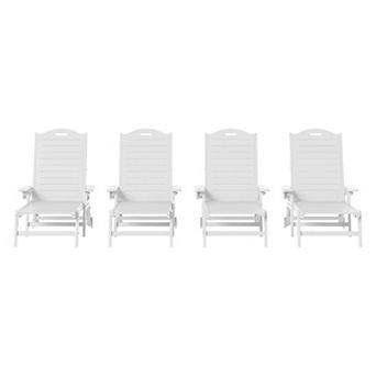 Outdoor HDPE Patio Chaise Lounges With Wheels & Cup Holder (Set of 4)
