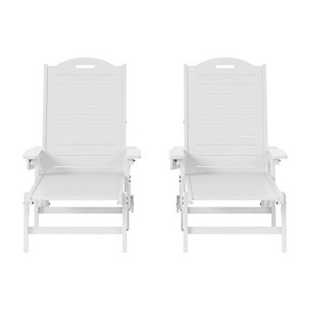 Outdoor HDPE Patio Chaise Lounges With Wheels & Cup Holder (Set of 2)