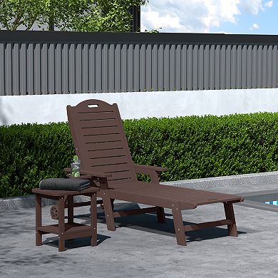 2-Piece Outdoor Patio Chaise Lounge Chair with Wheels & Cup Holder with Patio Side Table