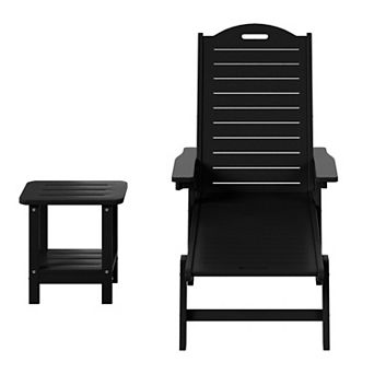2 pc Outdoor Patio Chaise Lounge Chair with Wheels & Cup Holder with Patio Side Table