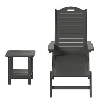 2 pc Outdoor Patio Chaise Lounge Chair with Wheels & Cup Holder with Patio Side Table