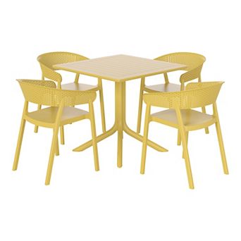 5 pc Outdoor Resin Square Patio Dining Table Set with Stackable Patio Dining Chairs